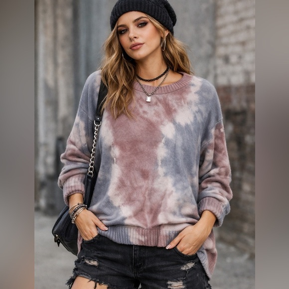 All Worthy by Hunter McGrady Sweaters - All Worthy Tie Dye Oversized Knit Sweater Gray/Pink Size Medium